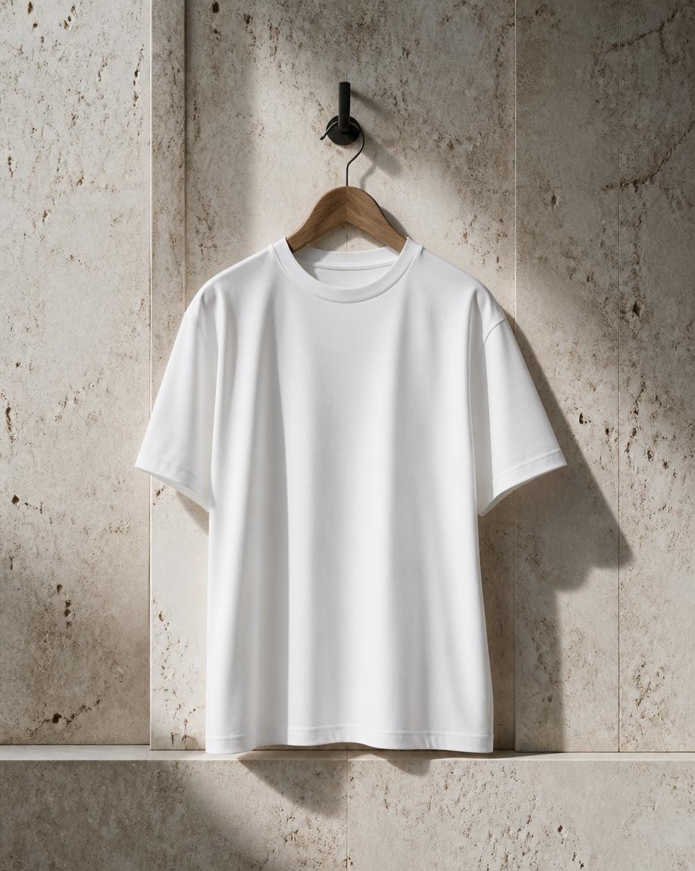 Column Tee in white hanging against a stone wall